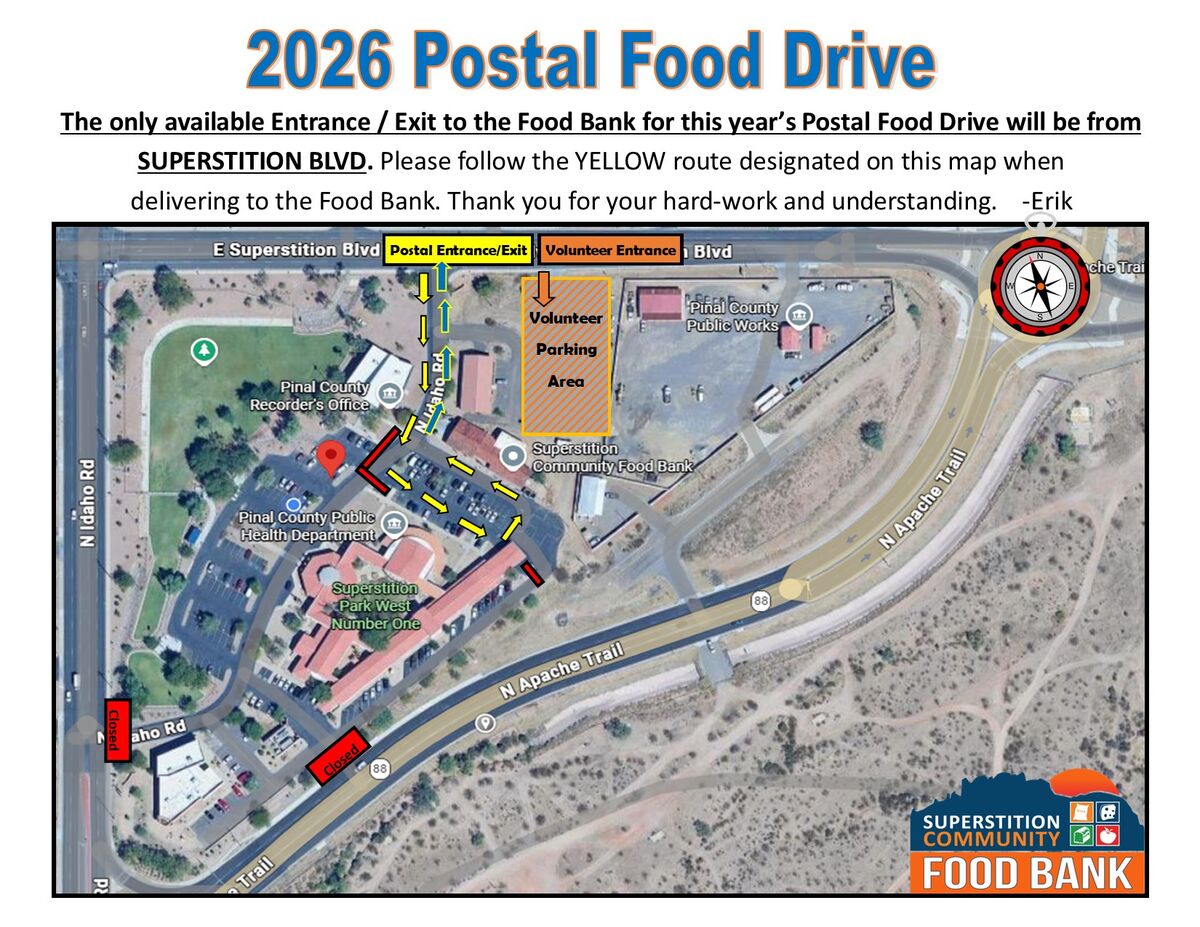 2026 Postal Food Drive Event Map showing the entrance from Superstition Blvd, yellow driving route, and volunteer parking area at the Superstition Community Food Bank